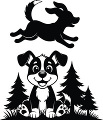 Cute dog vector silhouette, cartoon puppy illustration, happy pet clipart, forest background design, playful dog image, smiling animal art, black dog graphic