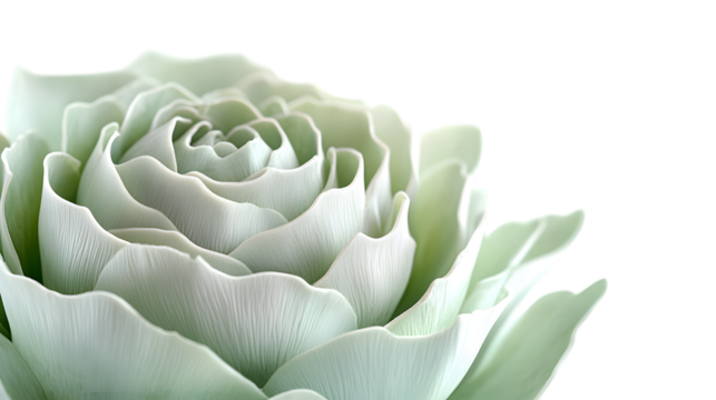 Exquisite pale green rose petals unfurl, showcasing delicate texture and natural beauty with soft light isolated on white background