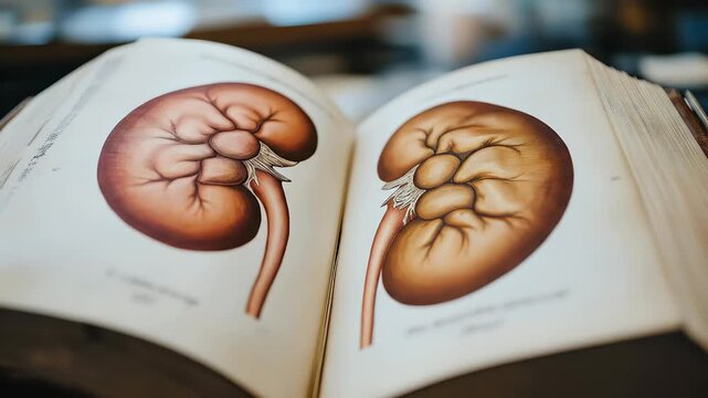 Anatomy book with detailed illustrations provides a look into kidney structure and human physiology, aiding in medicine and health research.