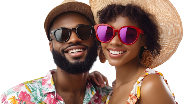 Joyful couple embracing summer vibes, radiating happiness with stylish sunglasses and straw hats isolated on white background