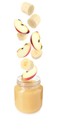 Baby food. Apple and banana slices falling into jar of puree on white background