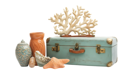 Suitcase with nautical treasures evokes coastal charm and travel memories isolated on white background