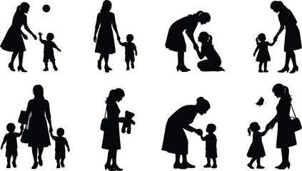 Mother and child silhouette vector collection, parenting moments, walking, playing, caring scenes of motherhood, family bonding illustration for maternal love, childhood, or parent concept