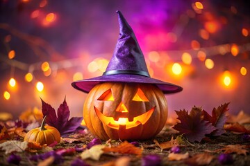 Halloween pumpkin with witch hat on leaves and bokeh lights background