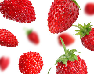 Fresh ripe wild strawberries in air against white background