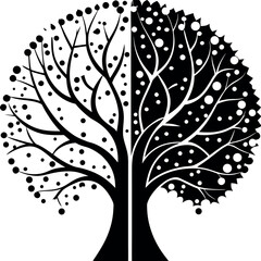 Vector art of stylized tree with black and white branches and dots isolated on white background
