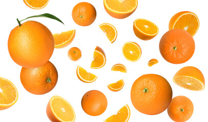 Fresh juicy oranges swirling in air against white background. Citrus fruit