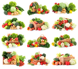 Fresh vegetables in piles on white background, set