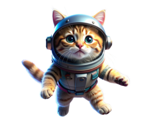 3D Cartoon Kitten Astronaut Spinning in Zero Gravity, Isolated on Transparent Background