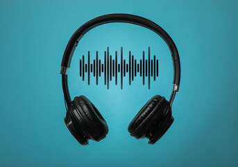 Headphones and sound waves against light blue background