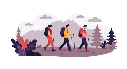 Three Young People Hiking and Trekking in the Mountains