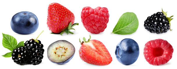Various berries and green leaves isolated on white, set
