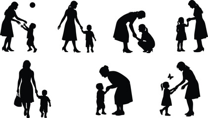Silhouette vector of mother with child in various bonding activities, parenting moments like playing, walking, helping, and caring in black isolated artwork