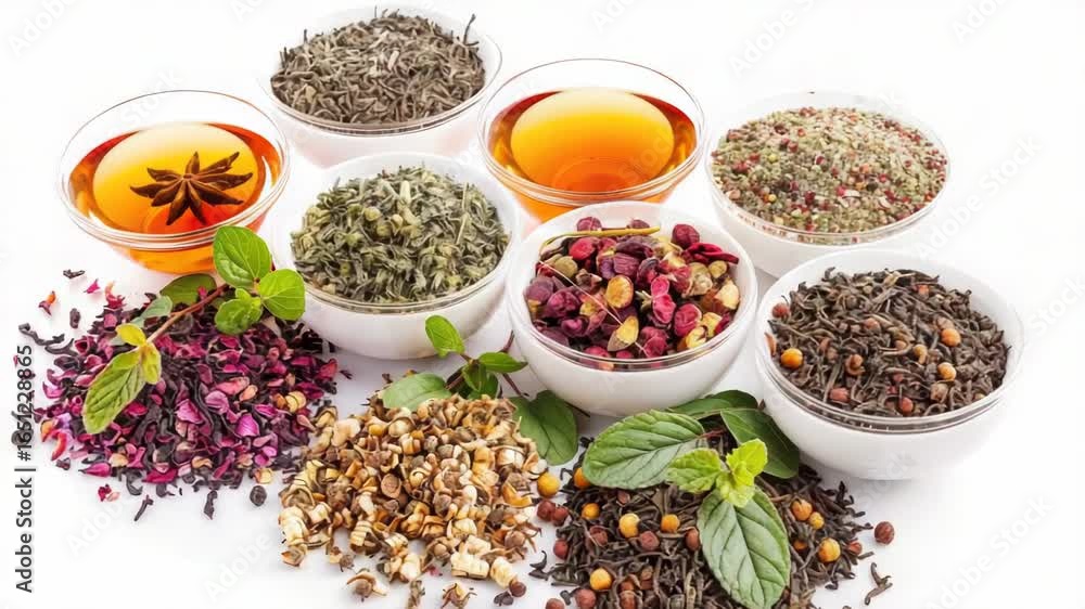 Poster assorted teas and spices displayed on a table or shelf