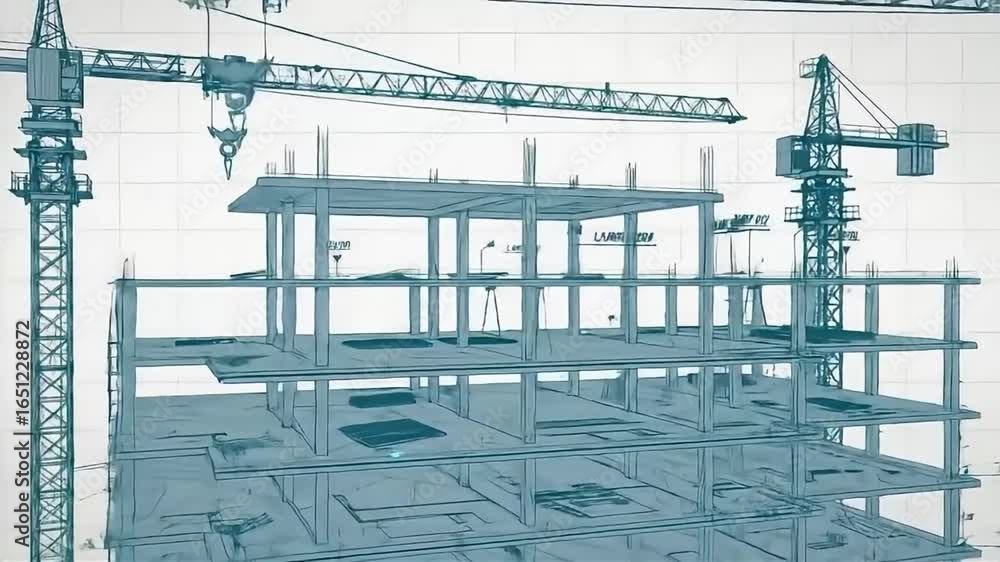 Poster animated construction site depicting building frame with tower cranes and structure