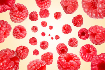Fresh raspberries swirling in air against beige background