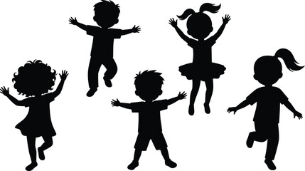 Silhouettes of happy children jumping and playing, kids dancing, fun movement, cartoon vector illustration, active little boys and girls isolated design © Mason Murp Creations