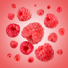 Fresh raspberries swirling in air against pink background