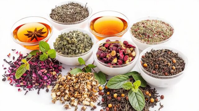 Assorted teas and spices displayed on a table or shelf