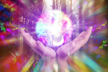 Woman holding glowing iridescent sphere in forest, closeup. Aura, spiritual practice