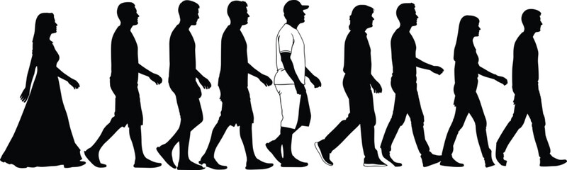 Silhouettes of diverse people walking in row, male and female figures side view, walking crowd vector illustration, casual motion graphic design