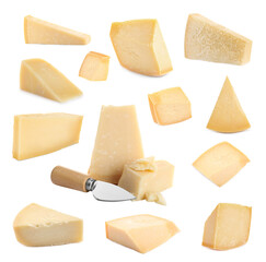Parmesan cheese pieces isolated on white, set