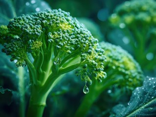 Close-up of fresh broccoli with water droplets on green vegetable leaves in a garden setting