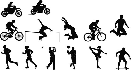 Silhouettes of people doing various sports activities – vector of running, cycling, jumping, and more