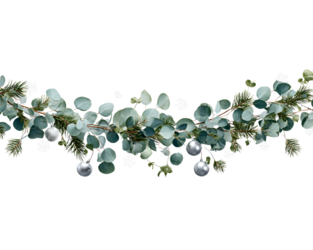 Eucalyptus and Pine Christmas Garland with Silver Ornaments, Isolated on Transparent Background PNG