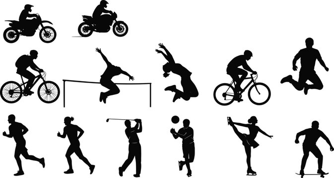 Silhouettes of people doing various sports activities – vector of running, cycling, jumping, and more