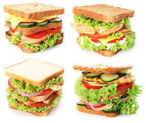Many tasty sandwiches isolated on white, set