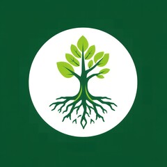 Stylized green tree with visible roots and leaves on white circle against dark green background