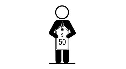 Stick figure holding a price tag with a fifty dollar amount, representing value
