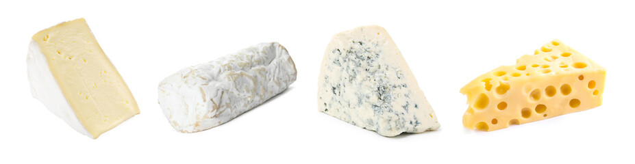 Variety of cheeses isolated on white, set