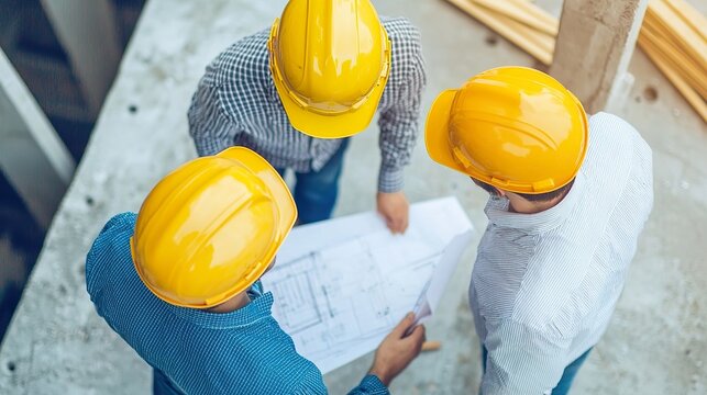 Construction workers on a building site, wearing hard hats, looking at blueprints, teamwork, development - Powered by Adobe