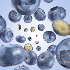 Fresh blueberries swirling in air against pale blue background