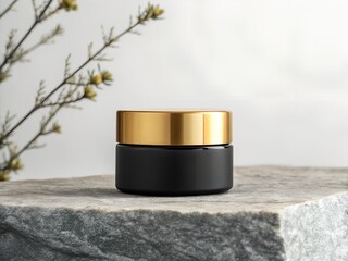 Black Cosmetic Jar with Gold Lid on Grey Stone