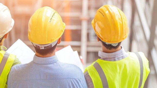 Construction workers on a building site, wearing hard hats, looking at blueprints, teamwork, development