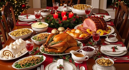 Fototapeta premium Festive Christmas Dinner Table Loaded with Turkey, Ham, and Side Dishes