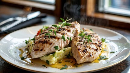 Grilled tarragon chicken breast with herb butter sauce served on white plate with mashed potatoes, professional food photography with natural lighting