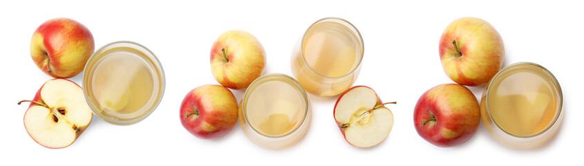 Apple compot in glasses and fresh fruits isolated on white, set. Top view