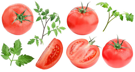 Fresh ripe tomatoes and green leaves isolated on white, set