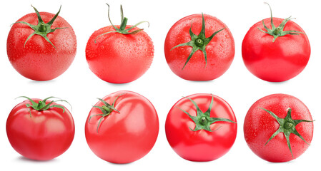 Fresh ripe tomatoes isolated on white, set
