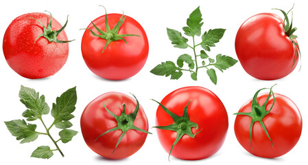 Fresh ripe tomatoes and green leaves isolated on white, set