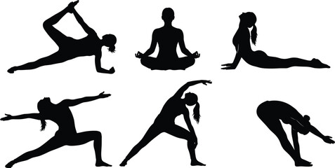 Yoga women silhouette in various poses, fitness and wellness concept, meditation and stretching vector, calm and flexible lifestyle design for healthy body