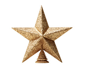 Golden Star Christmas Tree Topper with Glitter Finish, Front View, Isolated on Transparent Background.png