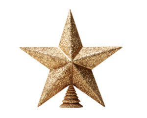 Golden Star Christmas Tree Topper with Glitter Finish, Front View, Isolated on Transparent Background.png