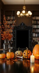 Obraz premium Cozy Autumn Halloween Decoration with Carved Pumpkins and Candlelight in a Library Setting