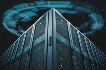 Data center servers with futuristic digital network overlay and technological advancement