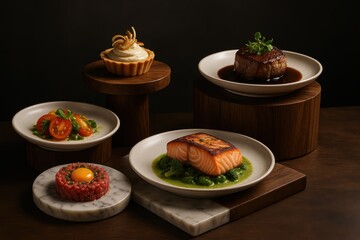 Premium culinary display platform with artisan wooden staging and restaurant elegance